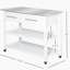Îlot de cuisine avec plateau en acier inoxydable, tablettes ouvertes, tiroirs, gris