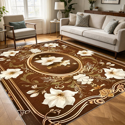Tapis damassé floral crème brun de 1 pièce pour le salon, doux et confortable, convenant à toutes les saisons, facile à entretenir, lavable à la machine, tapis de dessous de table convenant à la table à manger, à la chambre à coucher, au vestibu