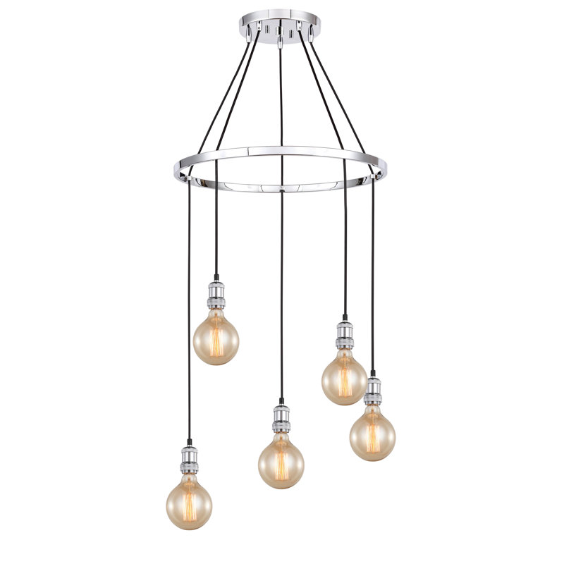 Lustre à 5 lumières avec détails en bois Pinnix, Nickel antique / Nickel