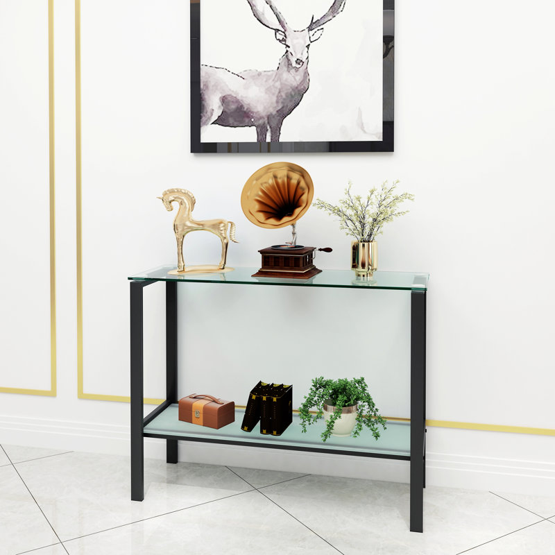 Console avec verre trempé, table de véranda rectangulaire avec pieds noirs, table d'entrée