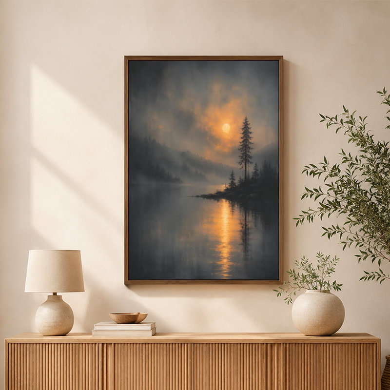 Lac sombre au coucher du soleil - Tableau sur toile à l'ambiance mystérieuse, encadré d'or, 76 cm (H) x 51 cm (L), Doré