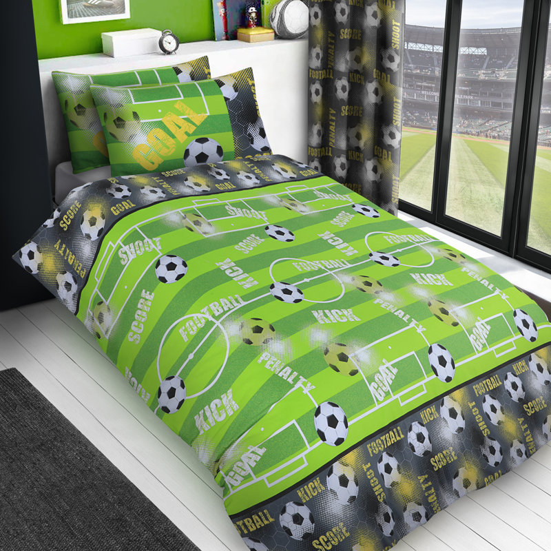Cotton Blend Football Goal Galore Printed Duvet Cover Set with Pillowcases, Single Comforter