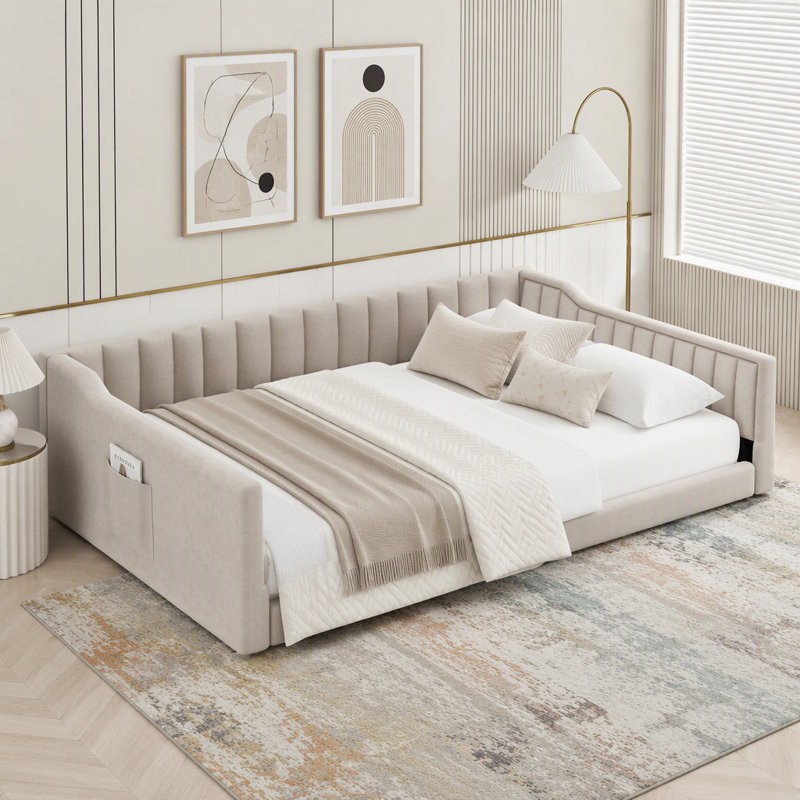 Lit double recouvert de velours, beige, Lit double, Beige