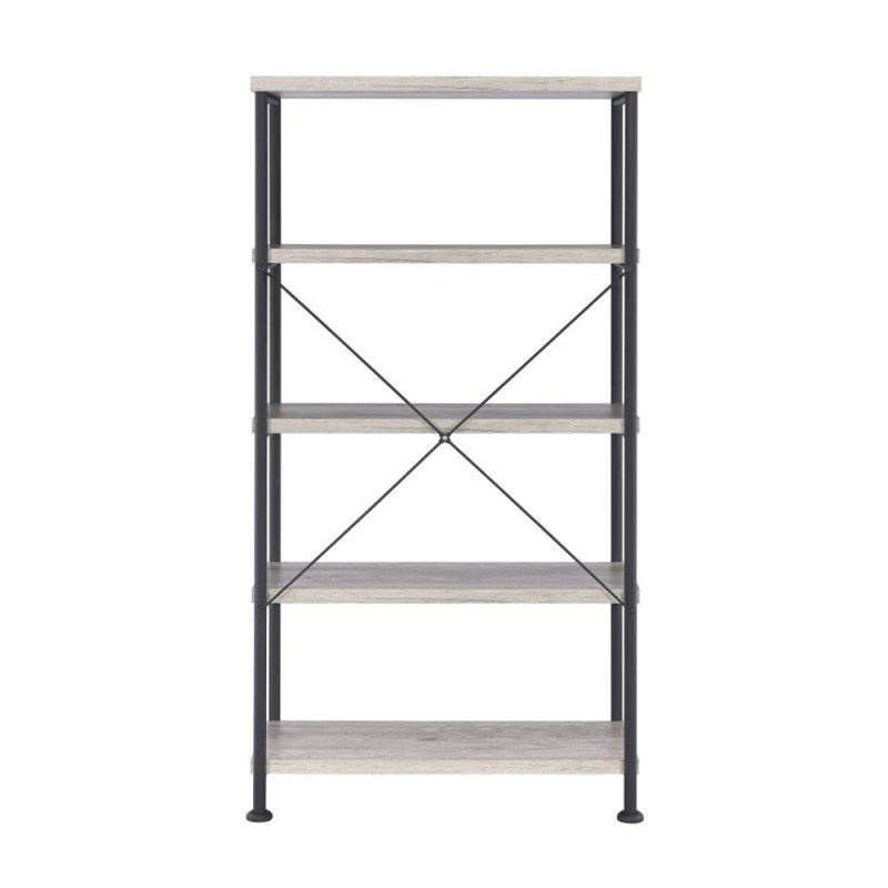 Bibliothèque à 4 tablettes avec structure en métal en bois flotté gris et noir, Gris