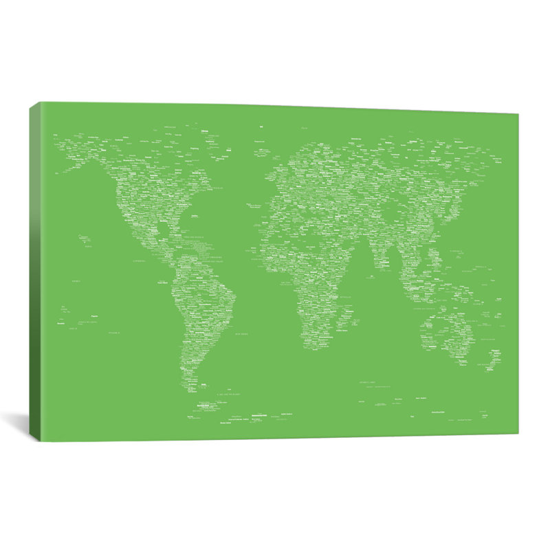 «Font World Map» par Michael Tompsett, impression sur toile tendue en vert clair, H 18 po x l 26 po x P 1,5 po, Pas de tapis
