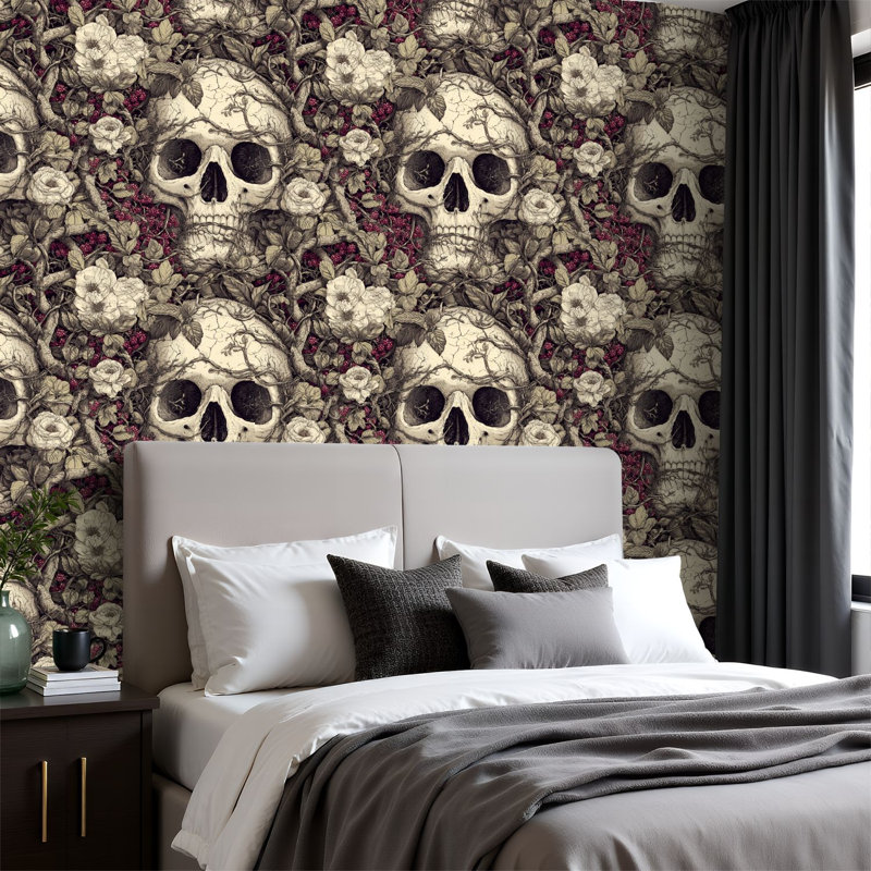 Papier peint adhésif peler et coller en PVC, revêtement mural auto-adhésif amovible avec tête de mort craquelée, impression botanique à l'encre noire, imperméable pour la décoration intérieure - rouleau