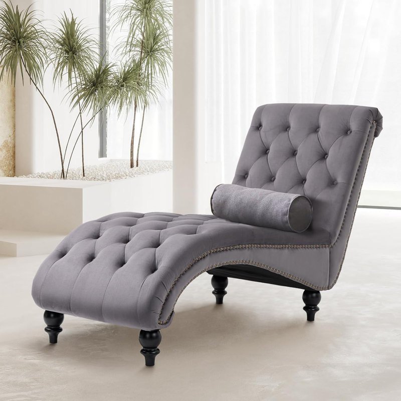 Velvet Upholstered Tufted Chaise Lounge, Gray