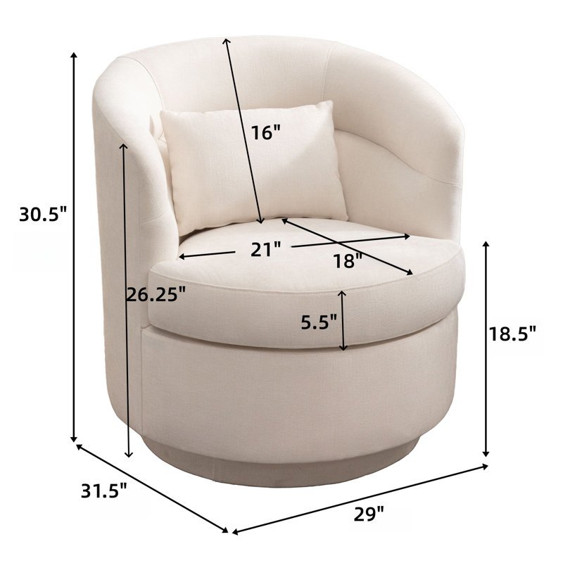 29" Wide Modern Super Soft Swivel Barrel Chair With Pillow, Beige