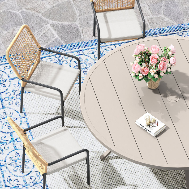 Dining Set With Round Table And Cushioned Wicker Chairs, Sandshell