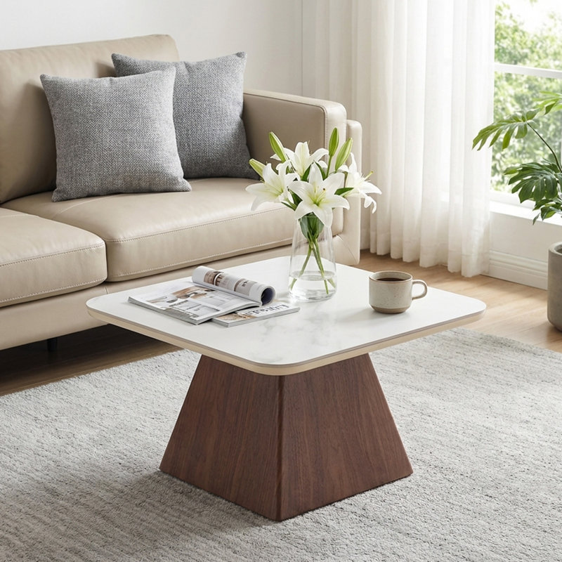 Table basse moderne moderne en pierre texturée en travertin avec base en bois massif pour le salon, Blanc