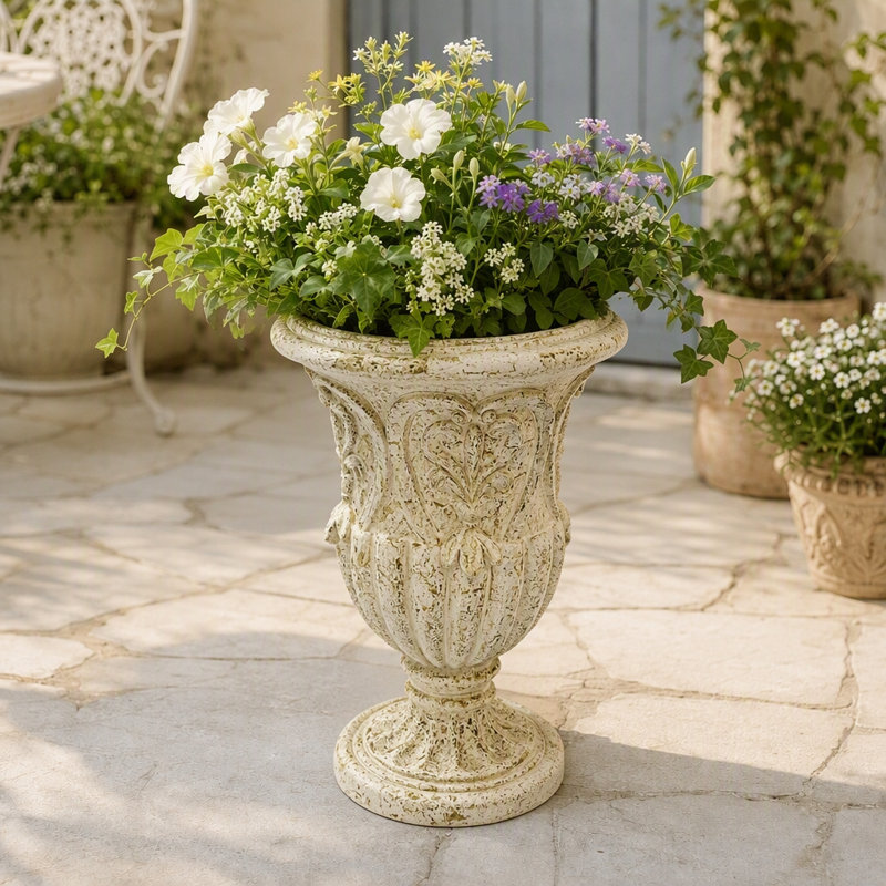 Pot de fleurs en calice avec trous de drainage et détails antiques, L 15,47 po x P 15,47 po x H 25,27 po
