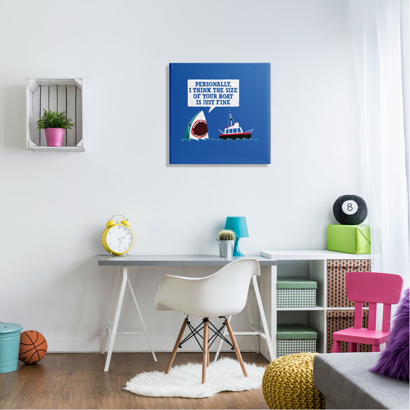 «Silly Shark Eating Boat Ship Blue Ocean Waves» par Michael Buxton - impression, Toile tendue, L 24 po x H 24 po
