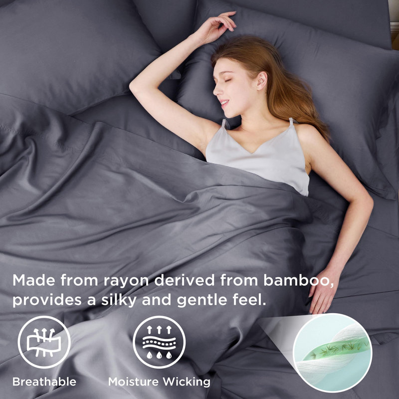 Essential Collection Cooling Rayon Derived from Bamboo Sheet Set, Queen Sheet Set with 2 Pillowcases, Volcanic Ash