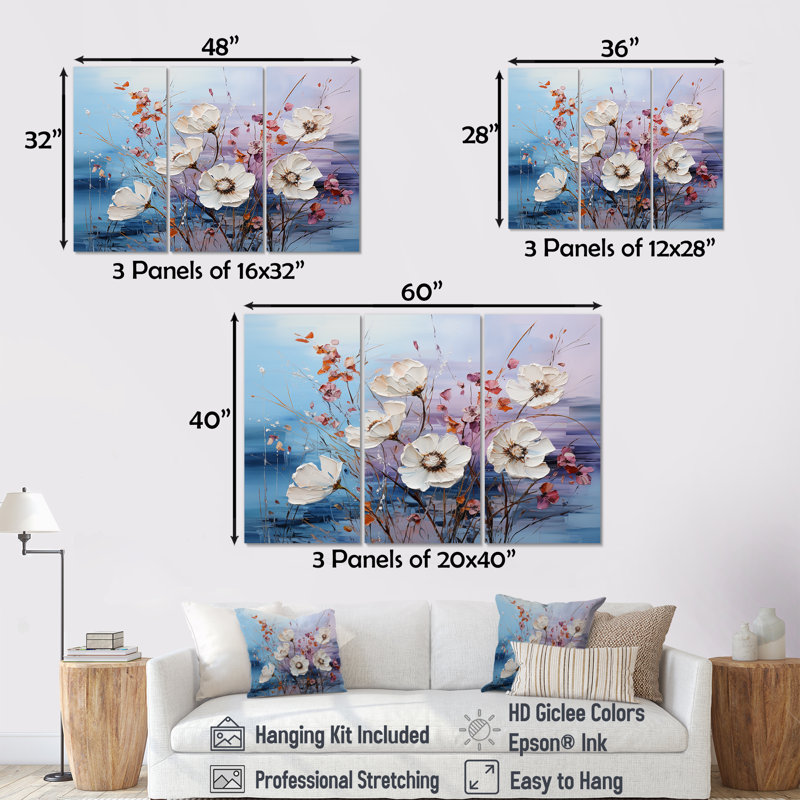 «White and Blue Dreamy Poppies Flowers I», ensemble de reproductions d'art mural, H 28 po x l 36 po x P 1 po