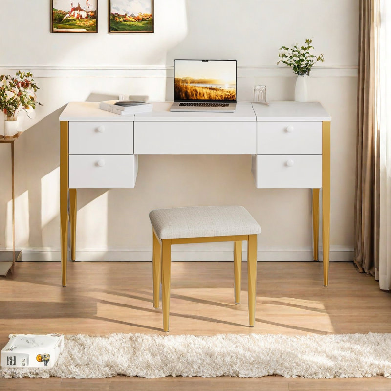 Makeup Vanity Desk With Flip Top Lighting Mirror And 5 Drawers, 47“ Makeup Vanity  Set With Chair, Gold/White