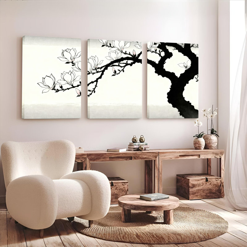   «White Cherry Blossom Branch», impression sur toile tendue sur toile, ensemble de 3, H 18 po x l 36 po