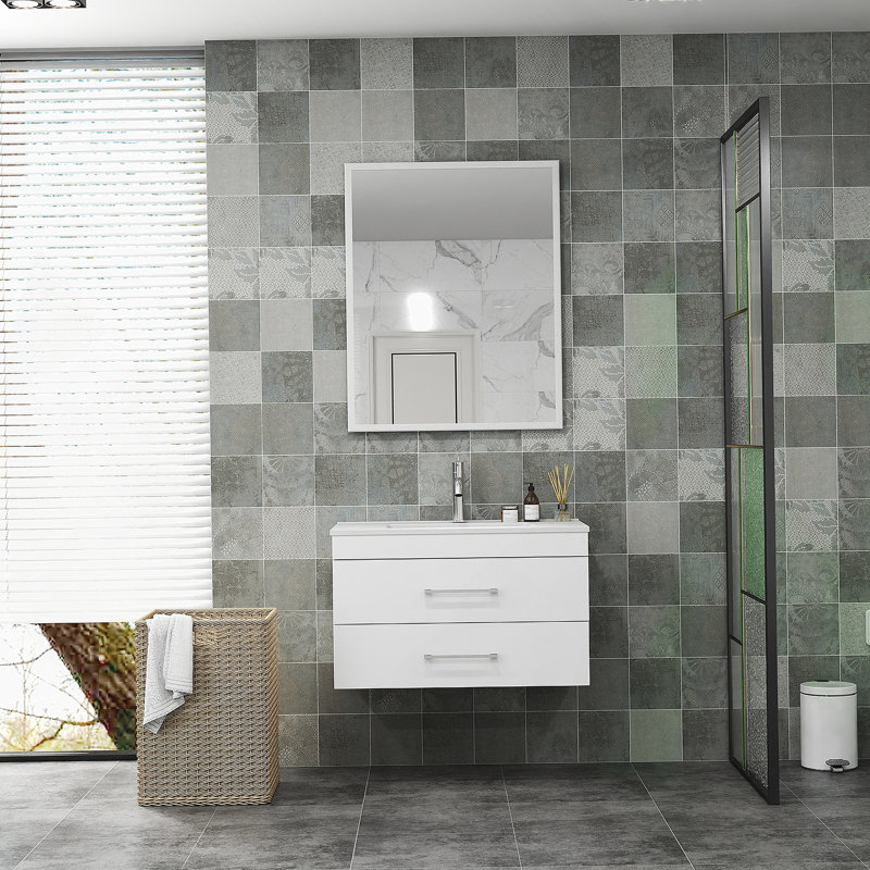 Meuble-lavabo mural avec tiroirs doubles, système de fermeture en douceur, lavabo en céramique et structure en aluminium pour un espace de salle de bain moderne et minimaliste