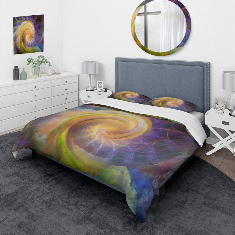 Ensemble de housse de couette moderne jaune en spirale jaune sur mauve - microfibre de polyester