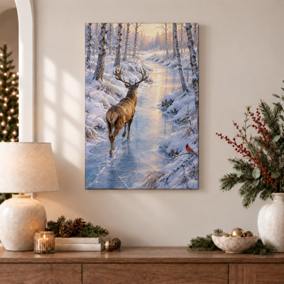«Stag Walking on Frozen River In Snowy Birch», art mural sur toile