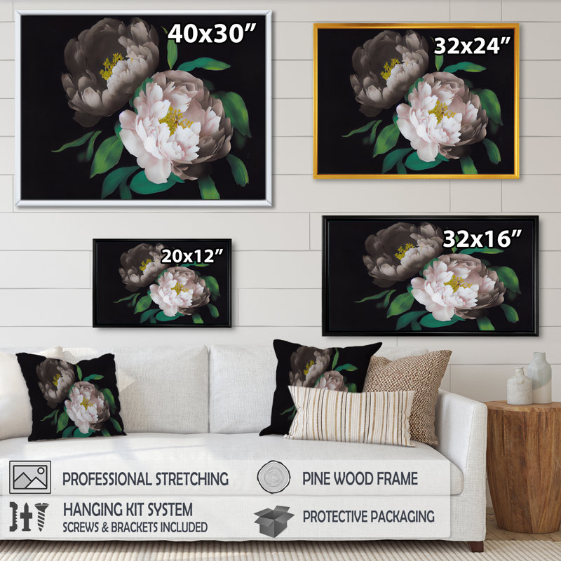«White Blossoming Peony on Black III», reproduction sur toile, L 32 po x H 16 po, Toile à cadre flottant doré