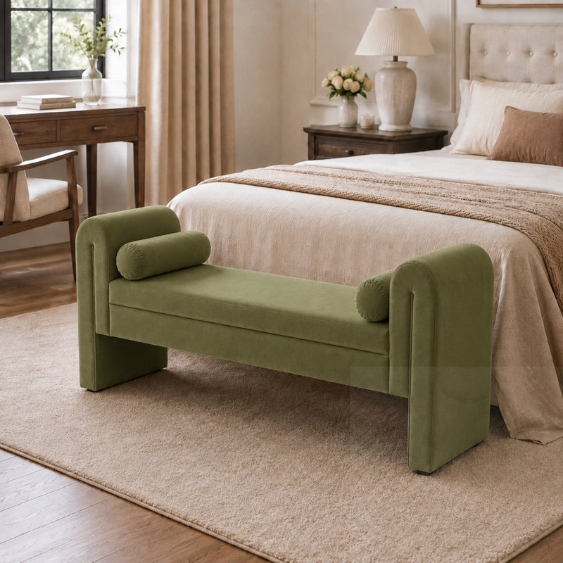 Upholstered  Long Storage Bench, Green