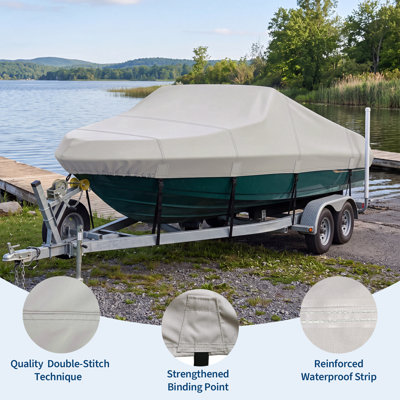17-19FT V-Hull Boat Cover 600D Oxford Fabric with 4-Layer PU & UV Coating – Waterproof 9600Pa, 12 Adjustable Straps & Storage Bag Included, Fits Fishing Boats, Bass Boats & Runabouts Up to 96" Beam