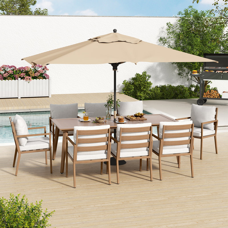 Michael 9-Piece Brown Aluminum Patio Dining Set With Rectangular Table And Light Gray Cushions