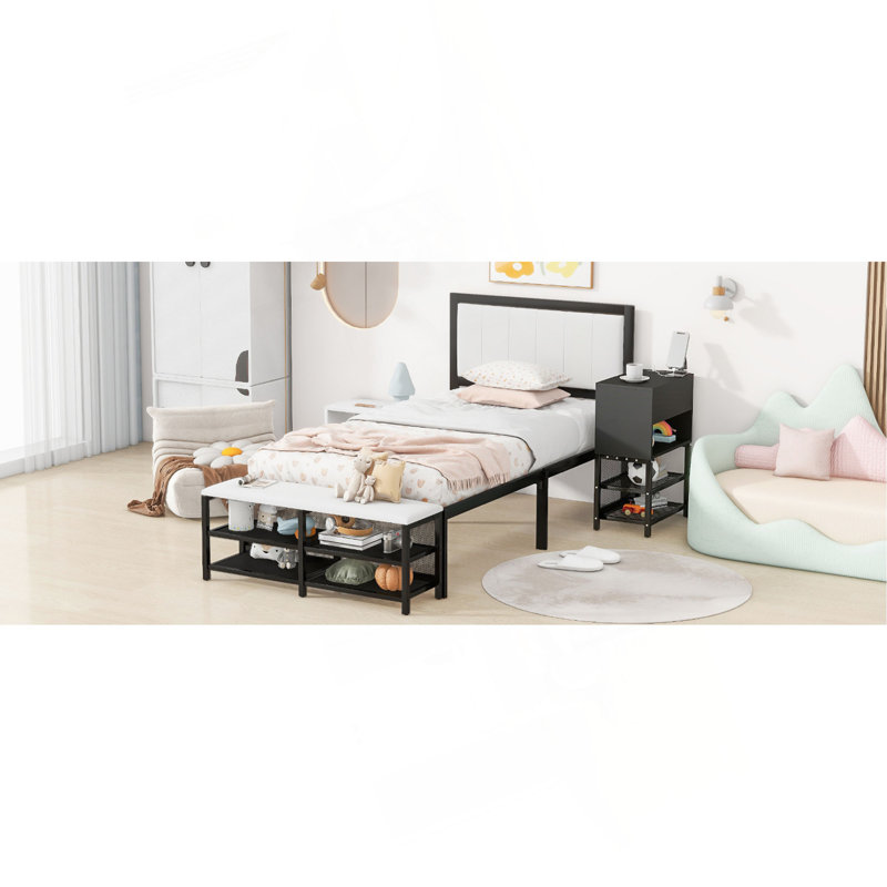 Lit plateforme en métal avec tablettes de rangement à deux niveaux, armoire de rangement en bois