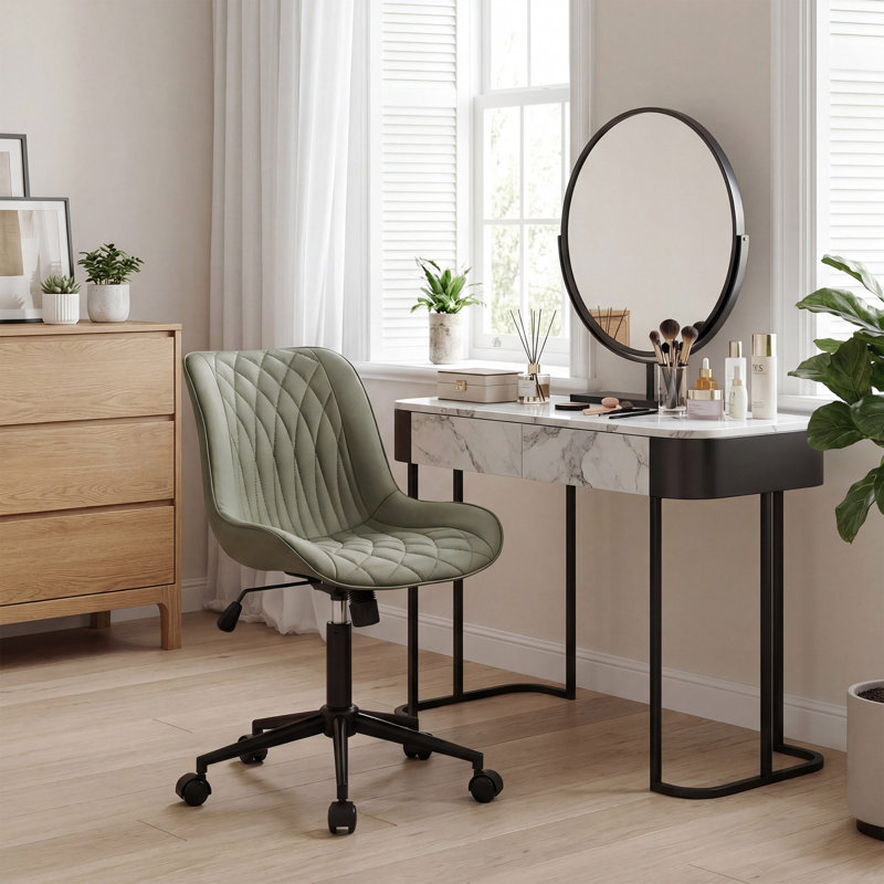 Armless Swivel Office Chair Faux Leather Upholstered Waterproof Desk Chair Ergonomic Adjustable Computer Chair, Olive Green