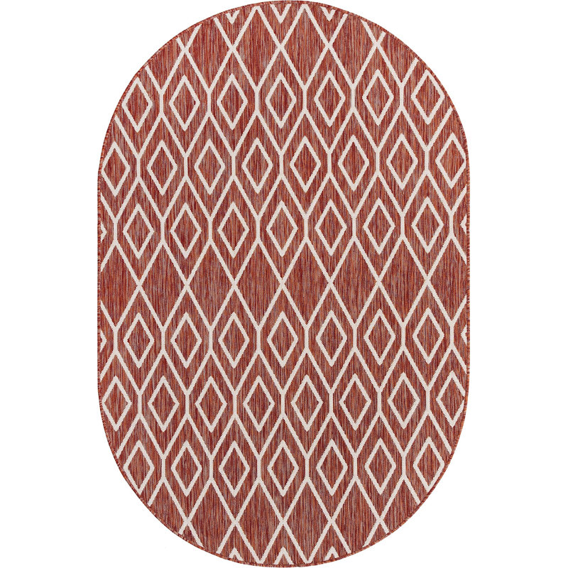 Yettem Abstract Indoor / Outdoor Rug, Oval 5'3" x 8', Rust Red