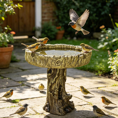 24.4 Inch High Freestanding Trunk Like Concrete Bird Bath with Decorative Faux Bird – Pedestal Bird Feeding Bowl Rustic & Long-Lasting Design, Enhances Garden, Patio, Yard, Lawn Decor