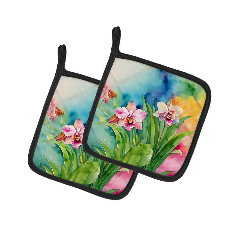 Orchidées dans une aquarelle, paire de poignées
