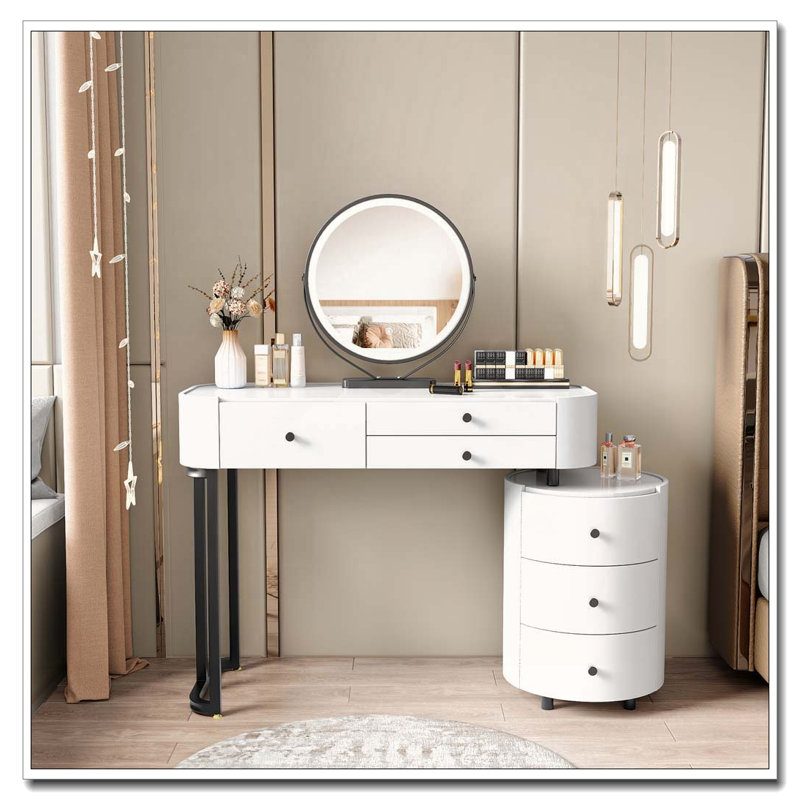 Coiffeuse moderne avec miroir amovible et table d'appoint rotative
