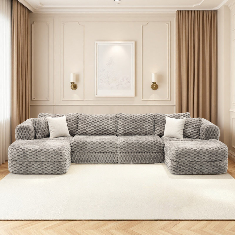 Boneless 135" Oversized 4-Seater Boneless Modular Sectional Sofa with 2 Movable Ottomans and 4 Throw Pillows, Gray