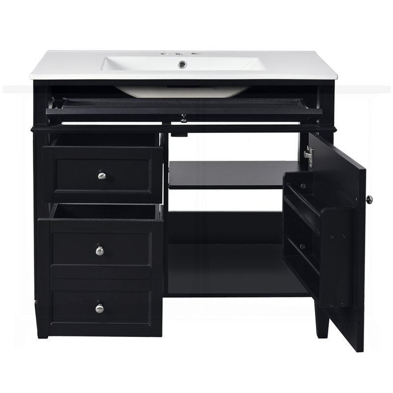 Armoire de rangement de salle de bain moderne avec 2 tiroirs et un tiroir basculant, Noir, Argent argent, 36"