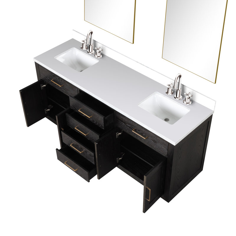 Ensemble de meuble-lavabo double 72 "avec miroir, Chêne blanc, Marbre de culture blanc