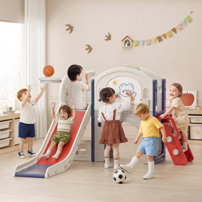 11 in 1 Toddler Slide Playset, Toddler Indoor Playground with Drawing Board and Brush Set, Ring Toss, Basketball, Soccer Ball and Storage for Toddlers