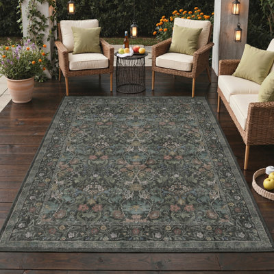 Vilve Floral Machine Washable Dark Green/Teal/Gray Indoor Area Rug With Non-Slip Backing