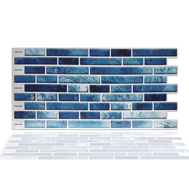 Self Adhesive Light Marble Long Mosaic Wall Tile Sticker 14cm x 28.5cm, Turquoise/White