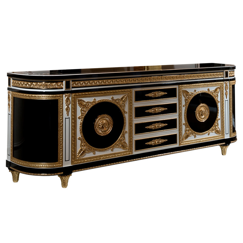 Buffet baroque opulent noir et or avec 4 tiroirs et 2 portes