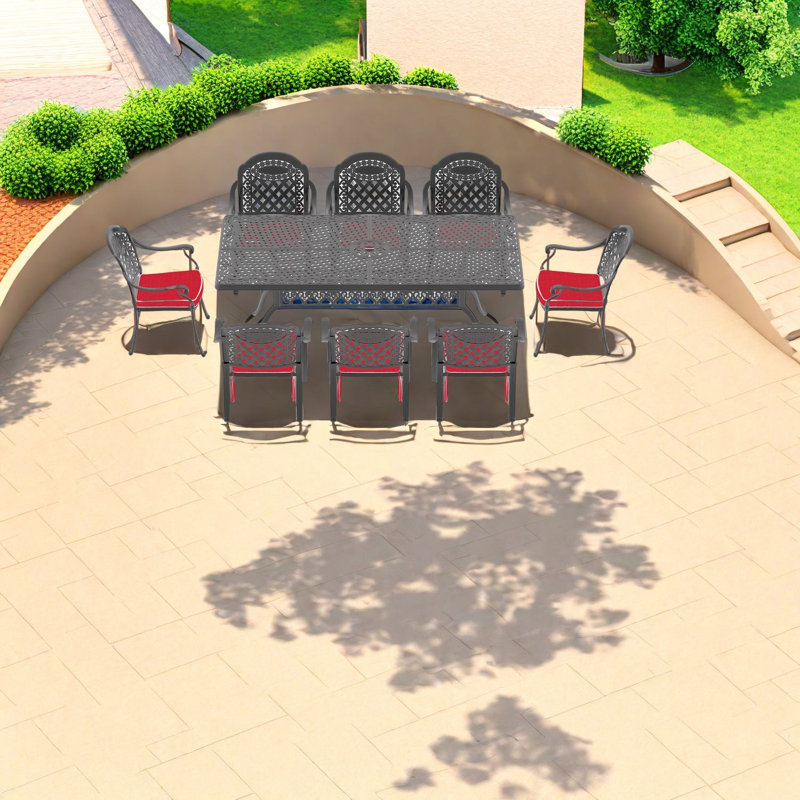 Elegant 9-piece Aluminum Patio Dining Set With Black Frame And Red Cushions
