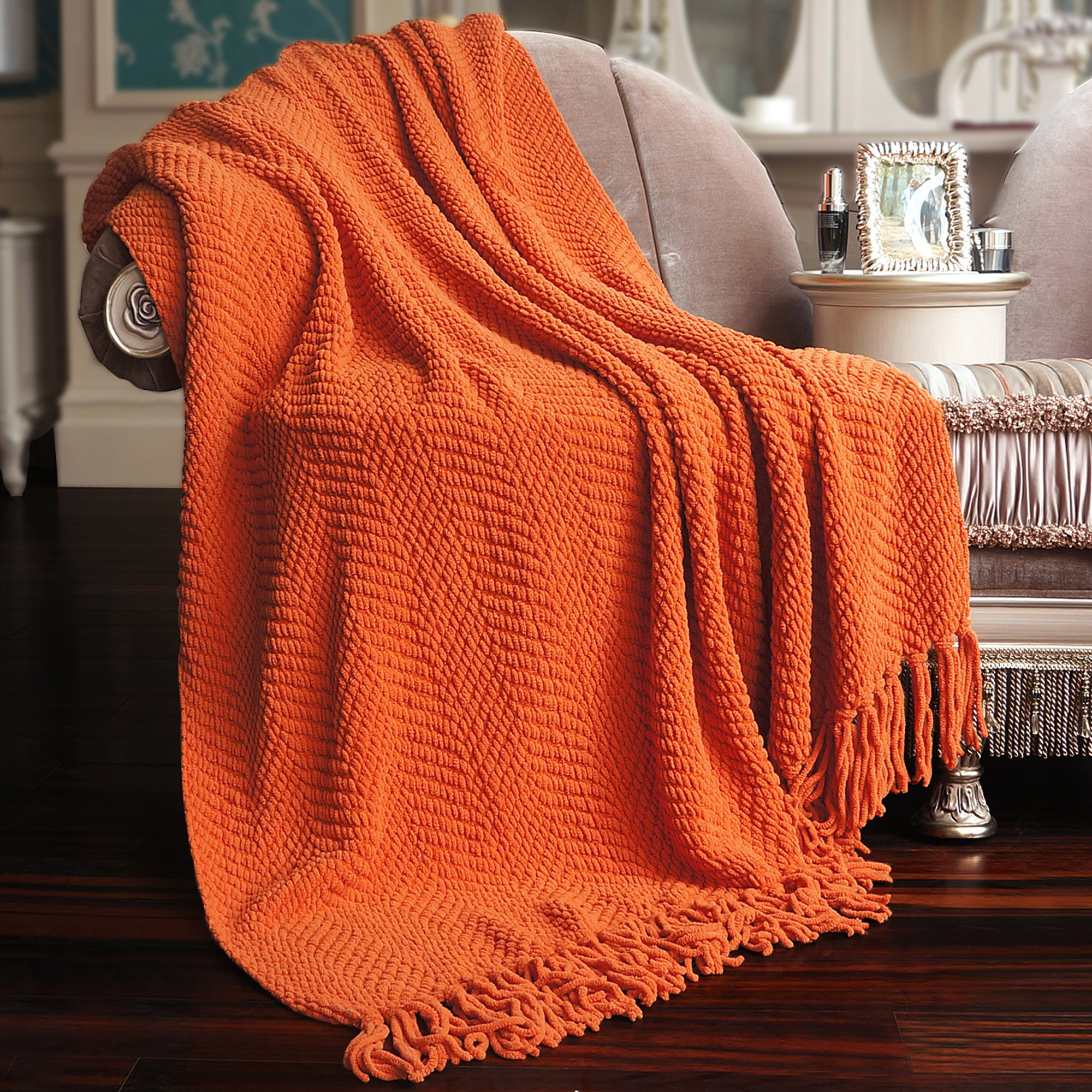 Knitted Blanket Knitted Orange Throw Orange Small Rhombus Knitted