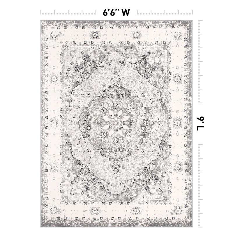 Barlow Performance Oriental Gray/Ivory/Black Indoor Rug, Rectangle 6'6" x 9'