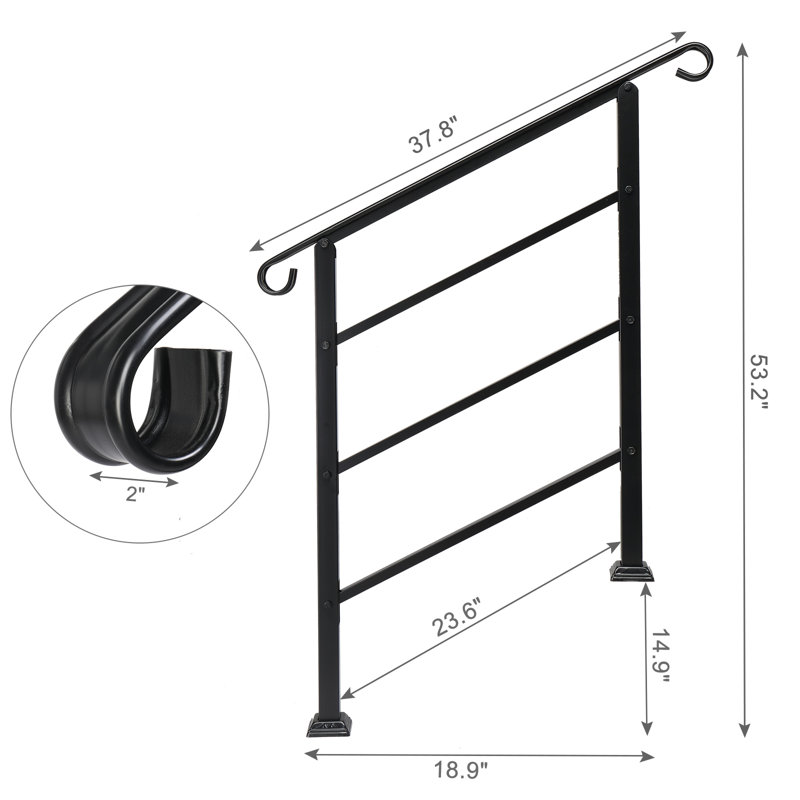 Wrought Iron Handrail Fits 1 or 3 Steps, 97.3cm H x 96cm W x 7.6cm D