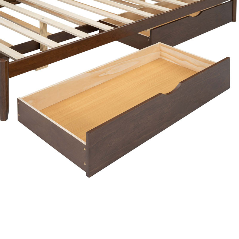 Queen Size Platform Bed With With 2 Big Drawers & Twin XL Size Trundle, Walnut