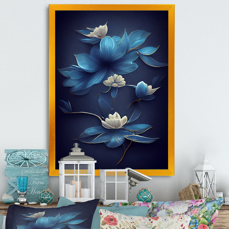 Fleurs chinoises bleues et blanches I - reproduction sur toile, H 32 po x l 24 po x P 1 po, Toile avec cadre doré