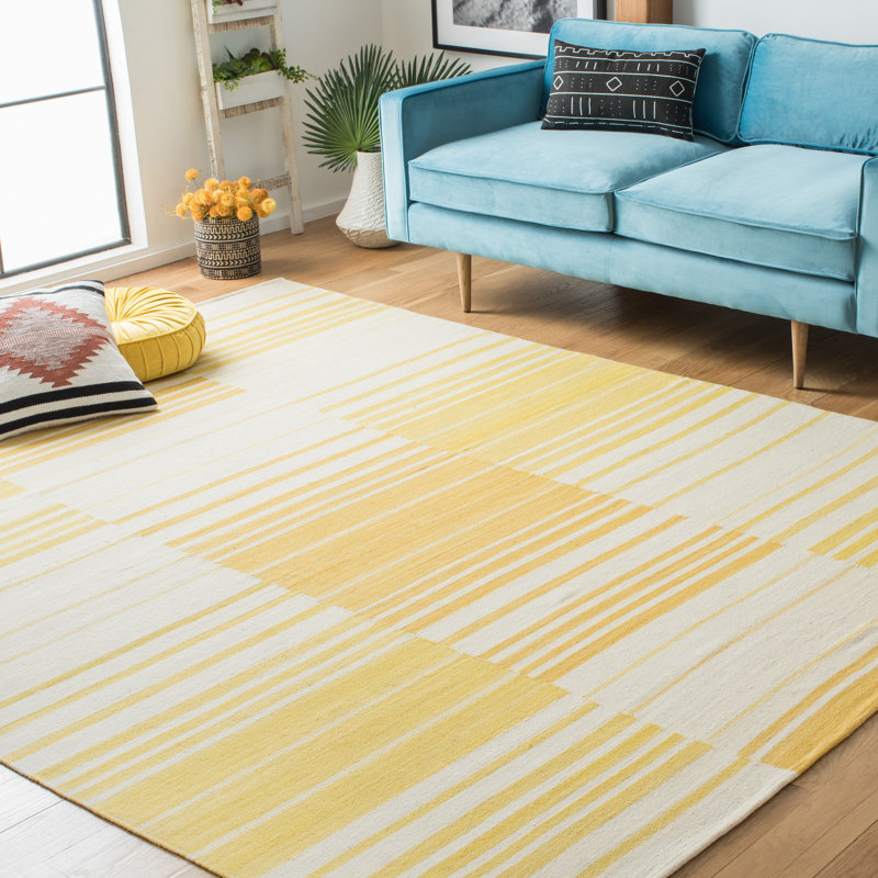 Tapis doré / ivoire en laine / coton tissé à la main à plat à rayures Kilim Lobato, Rectangle 9 pi x 12 pi