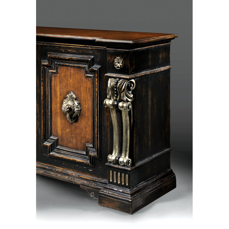 88" Wide 1 Drawer Walnut Wood Sideboard, Silver & Black
