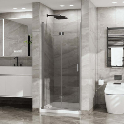 Bifold Frameless Glass Shower Door 1/4 Inch Tempered Clear Glass Pivot Swing Shower Panel, Foldable