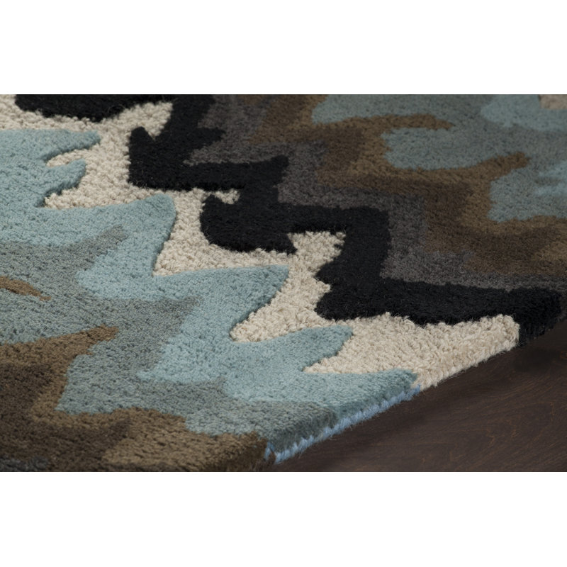 Tapis en laine à chevrons rustique noir, gris, brun, bleu et beige touffeté à la main Coalwood, Rectangle 5 pi x 7 pi